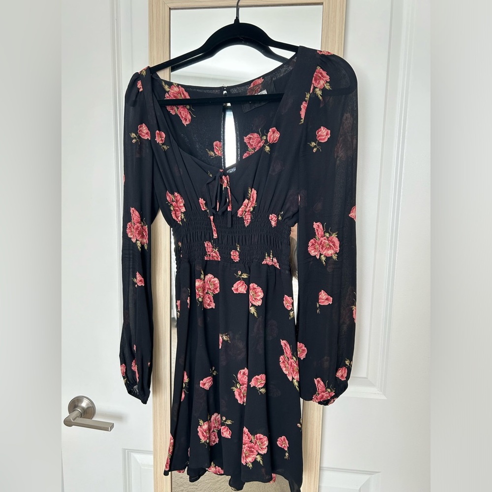 Reformation Black Floral Long Sleeve Dress